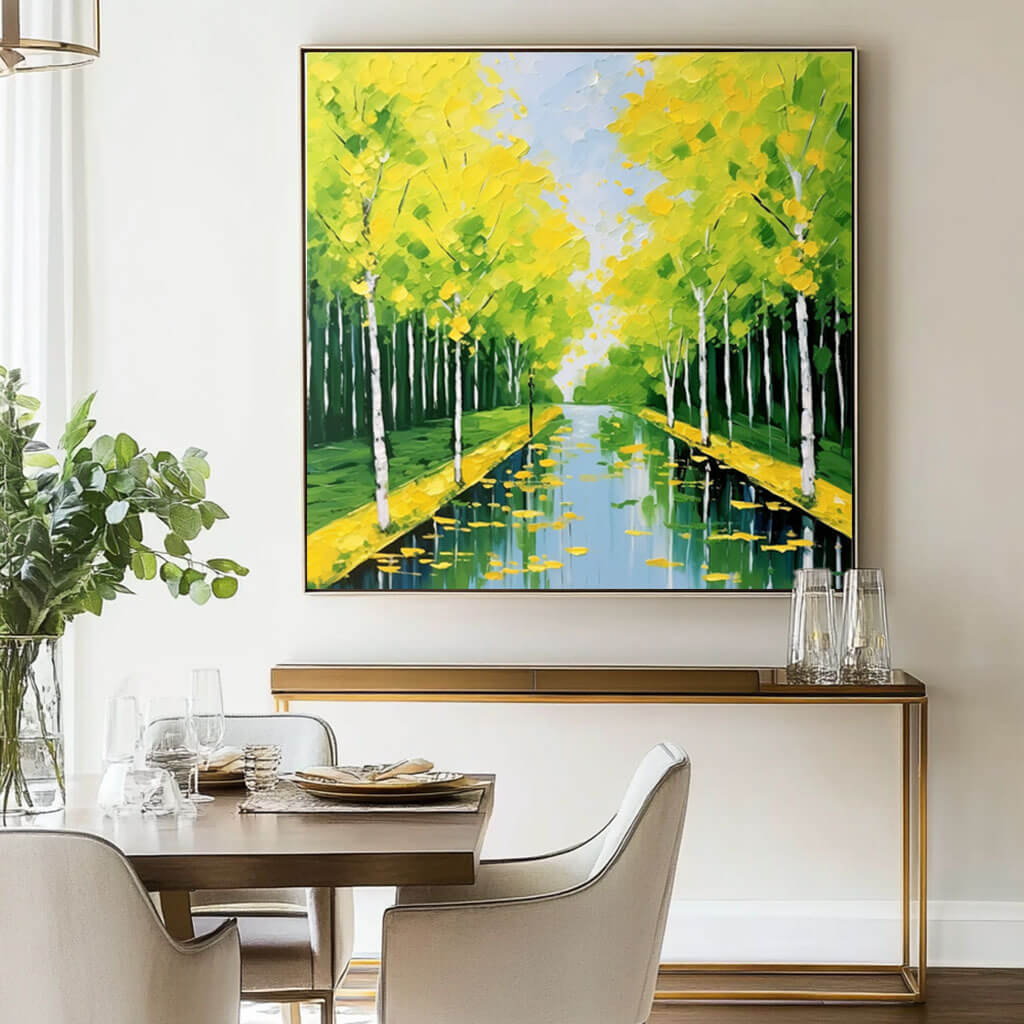 Vibrant Green Landscape Painting - Serene Canal Wall Art - Blowin' in the Wind - Hues Art Lab