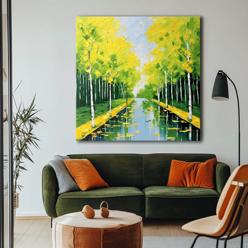 Vibrant Green Landscape Painting - Serene Canal Wall Art - Blowin' in the Wind - Hues Art Lab