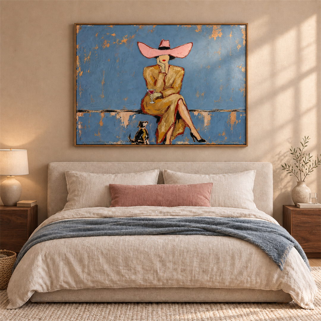 modern cowgirl and cat wall art in dusty blue pink and beige in a coordinated modern interior