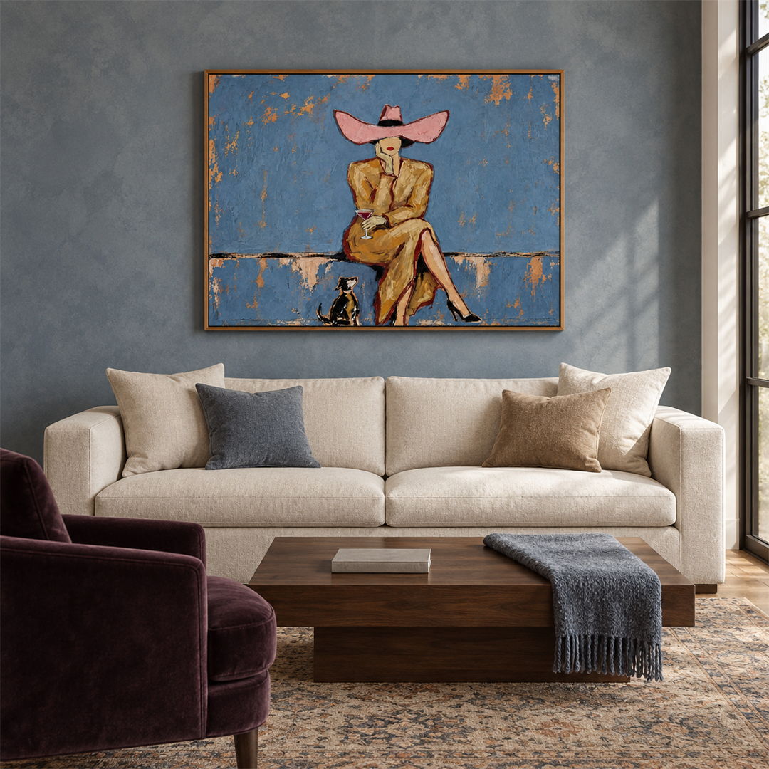 modern cowgirl and cat wall art in dusty blue pink and beige in a coordinated modern interior