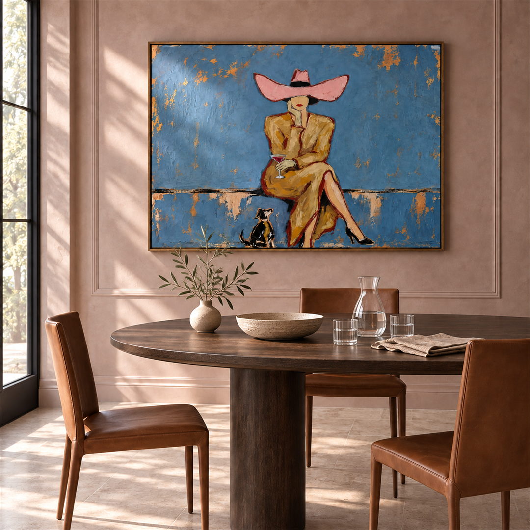 modern cowgirl and cat wall art in dusty blue pink and beige displayed in a styled living room