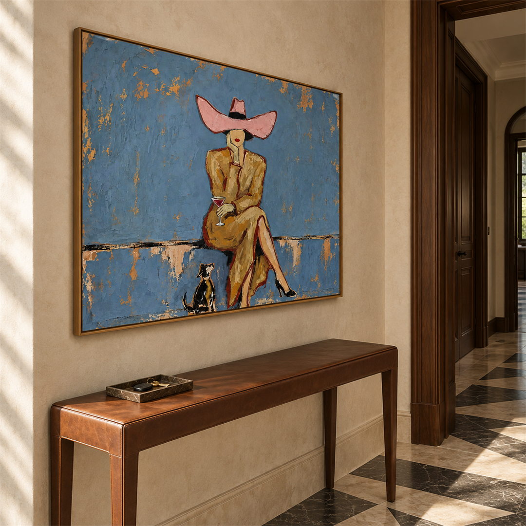 modern cowgirl and cat wall art in dusty blue pink and beige in a coordinated modern interior