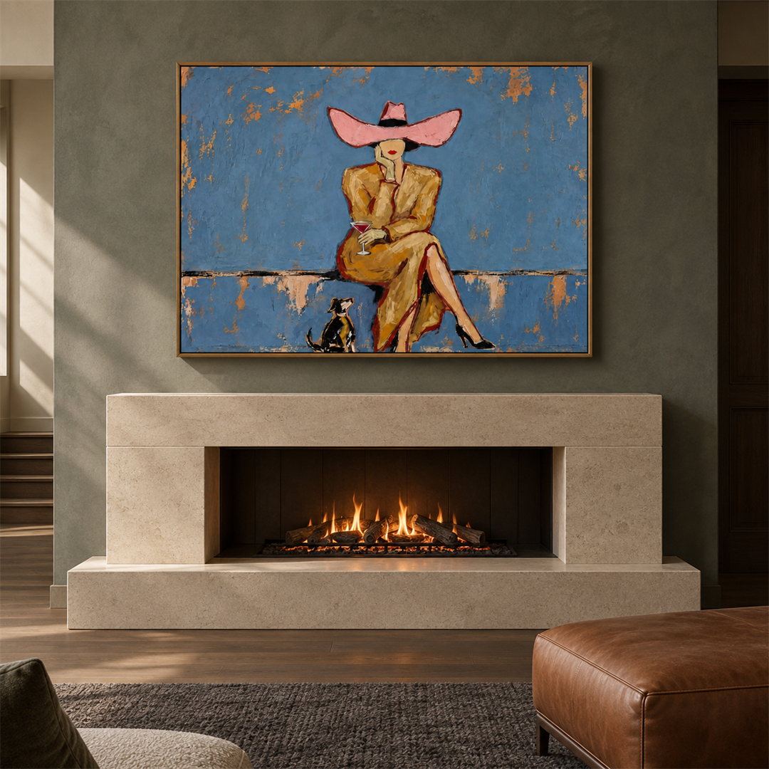 modern cowgirl and cat wall art in dusty blue pink and beige in a coordinated modern interior