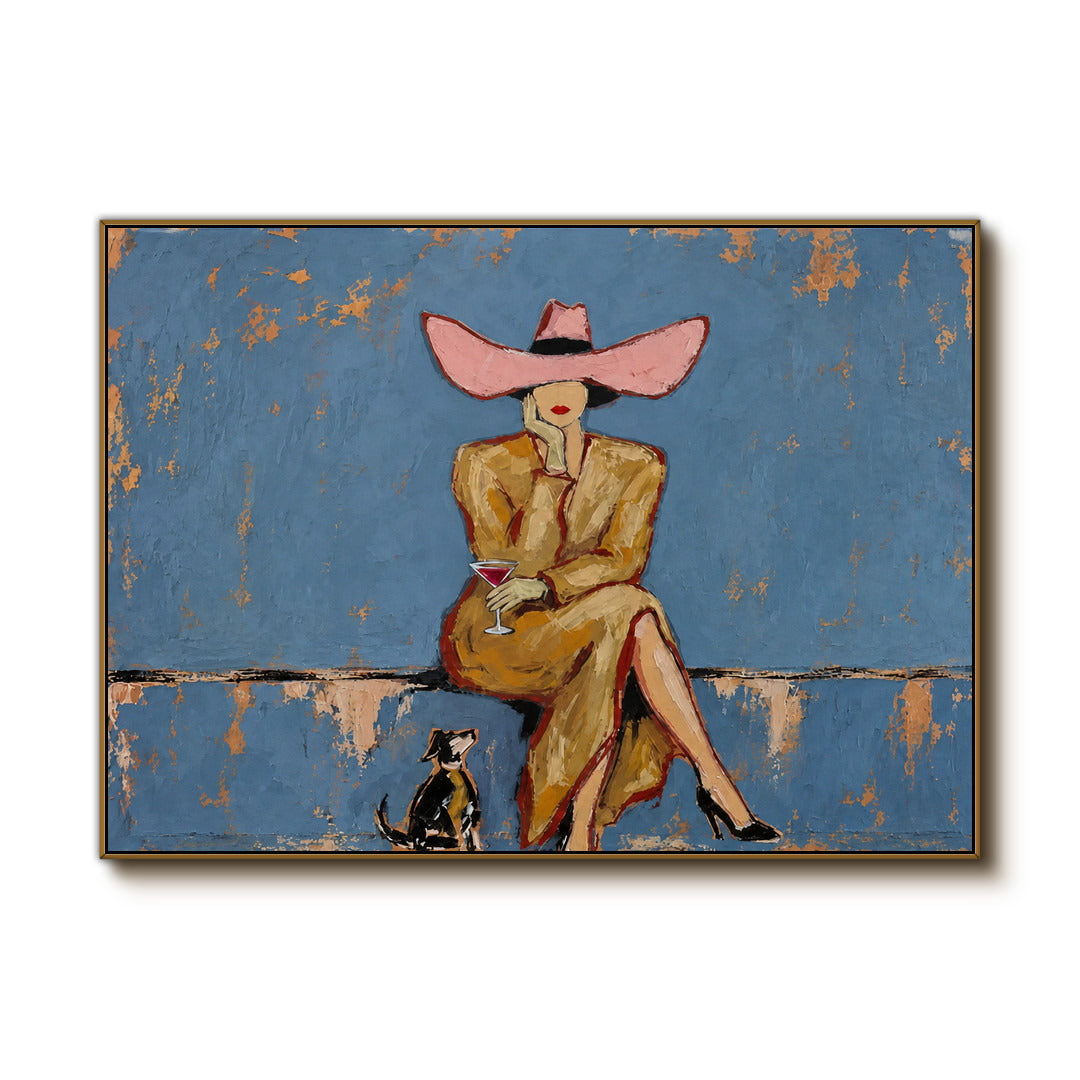 modern cowgirl and cat wall art in dusty blue pink and beige on a clean white background