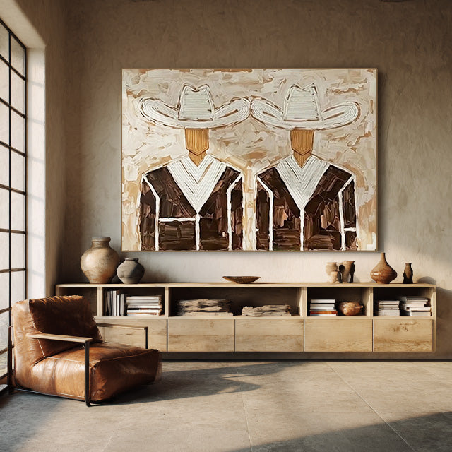 textured Western cowboy wall art in a coordinated modern interior