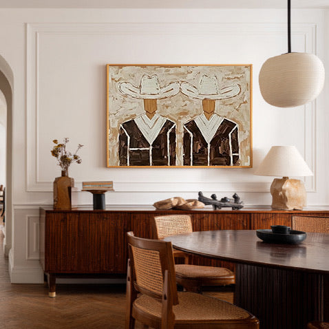 textured Western cowboy wall art in a coordinated modern interior