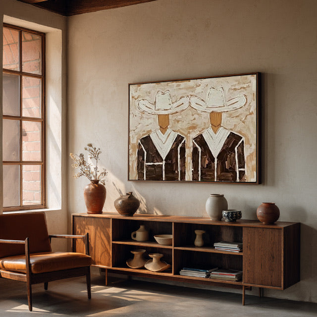 textured Western cowboy wall art in a coordinated modern interior