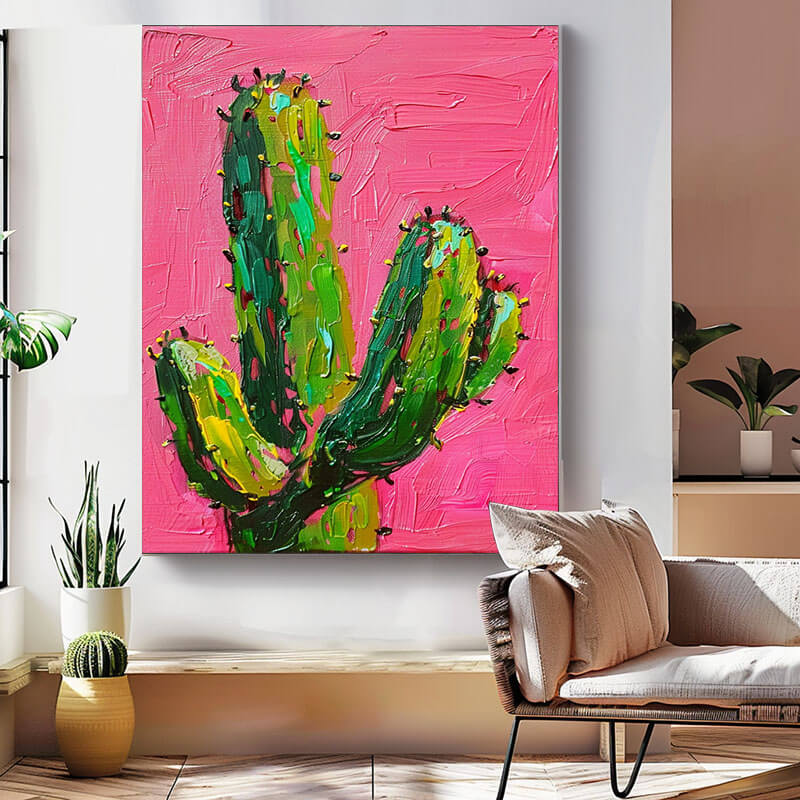 Large rich texture original Abstract Cactus painting on fashion stretched canvas pallette knife modern art oversized textured 3d plant green art