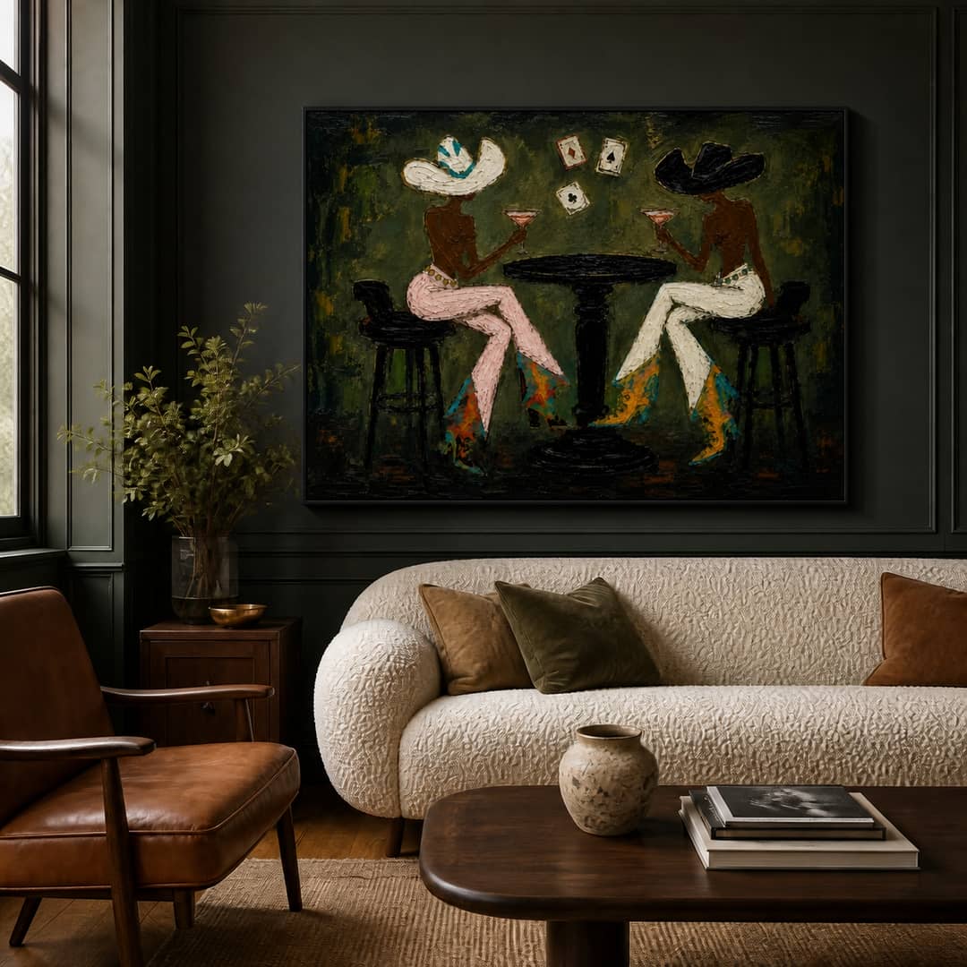 textured cowgirl cocktail wall art in deep olive and pink in a coordinated modern interior