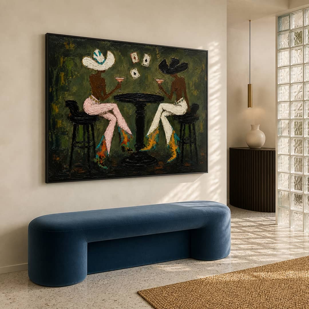 textured cowgirl cocktail wall art in deep olive and pink in a coordinated modern interior