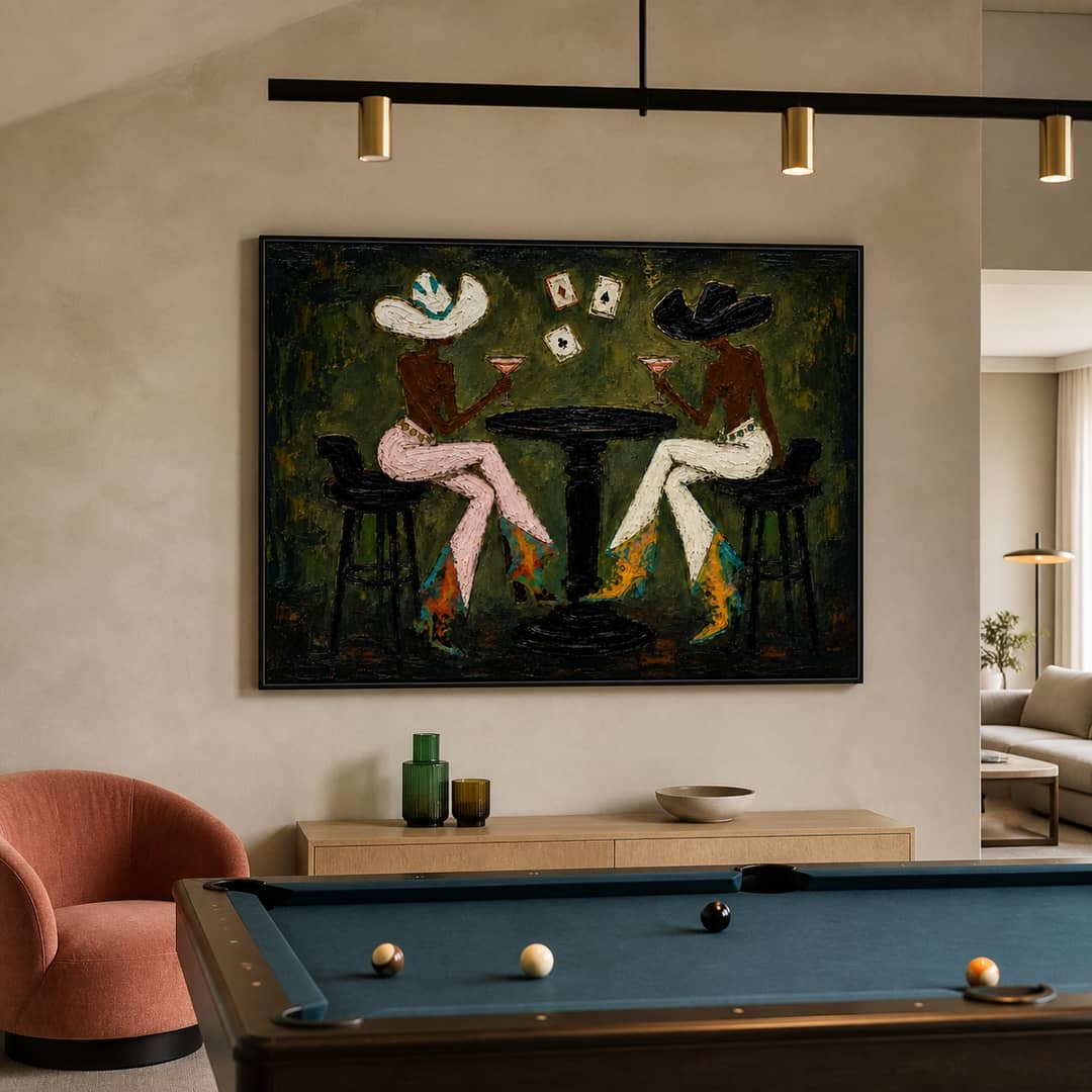 textured cowgirl cocktail wall art in deep olive and pink in a coordinated modern interior