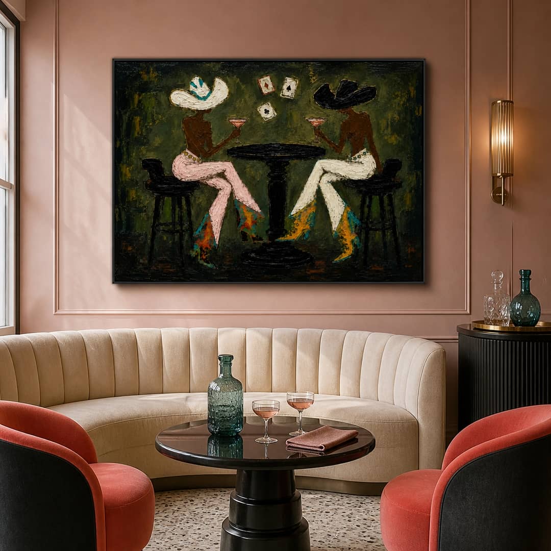 textured cowgirl cocktail wall art in deep olive and pink in a coordinated modern interior
