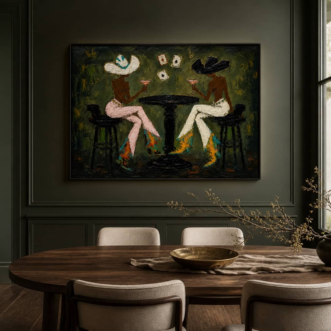 textured cowgirl cocktail wall art in deep olive and pink in a coordinated modern interior