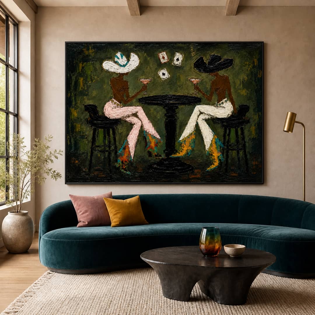 textured cowgirl cocktail wall art in deep olive and pink displayed in a styled living room