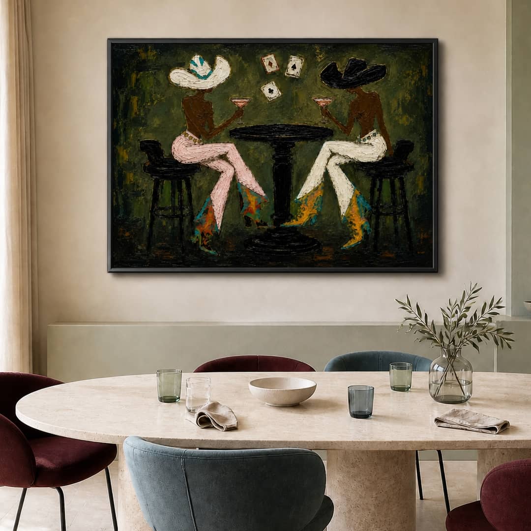 textured cowgirl cocktail wall art in deep olive and pink in a coordinated modern interior