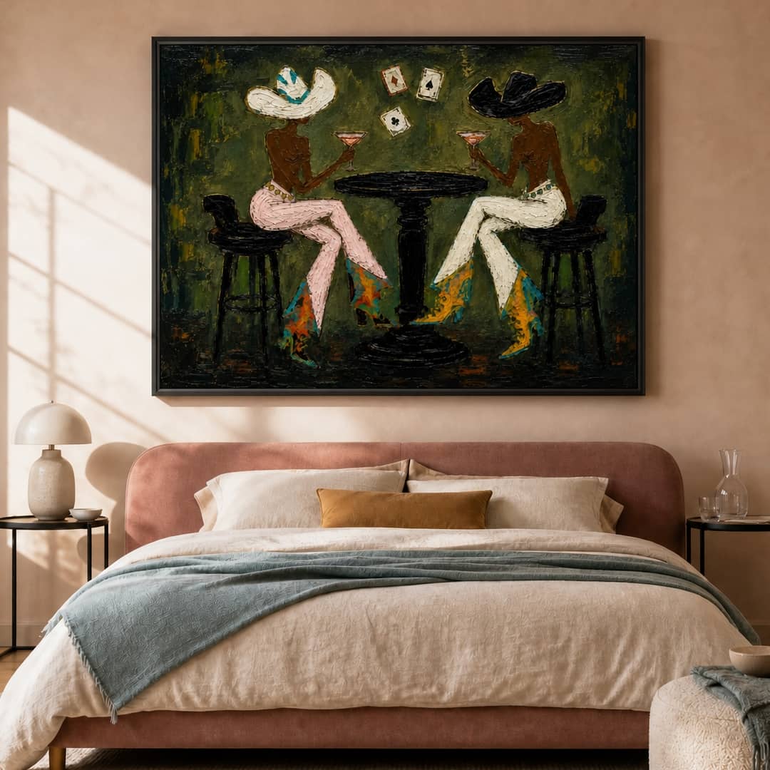 textured cowgirl cocktail wall art in deep olive and pink in a coordinated modern interior