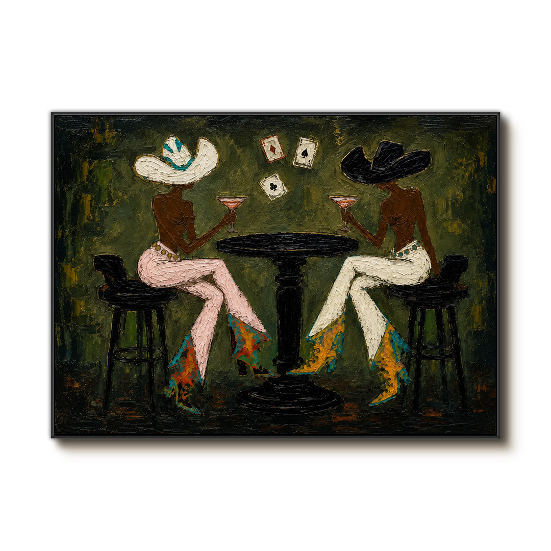 textured cowgirl cocktail wall art in deep olive and pink on a clean white background