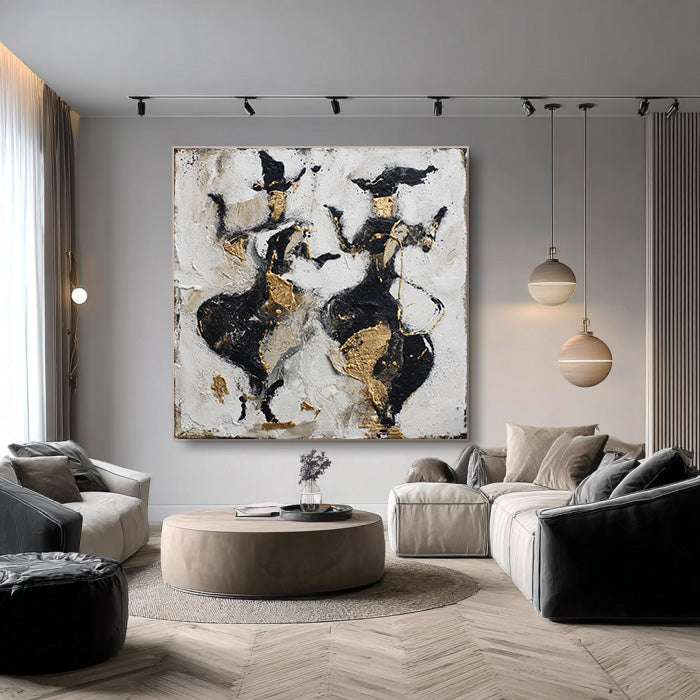 Celebration Ritual abstract black gold dancers wall art by Hues Art Lab