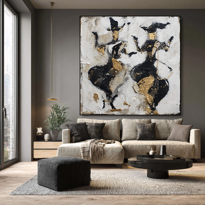 Celebration Ritual abstract painting with celebratory figures and gold accents