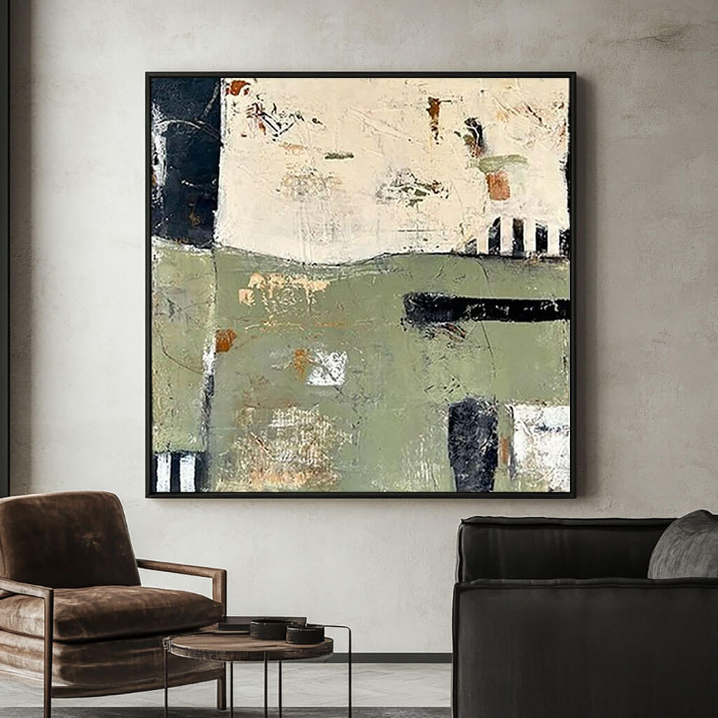 Contemporary Abstract Painting - Earthy Green and Neutral Tones - Choose to be Free - Hues Art Lab