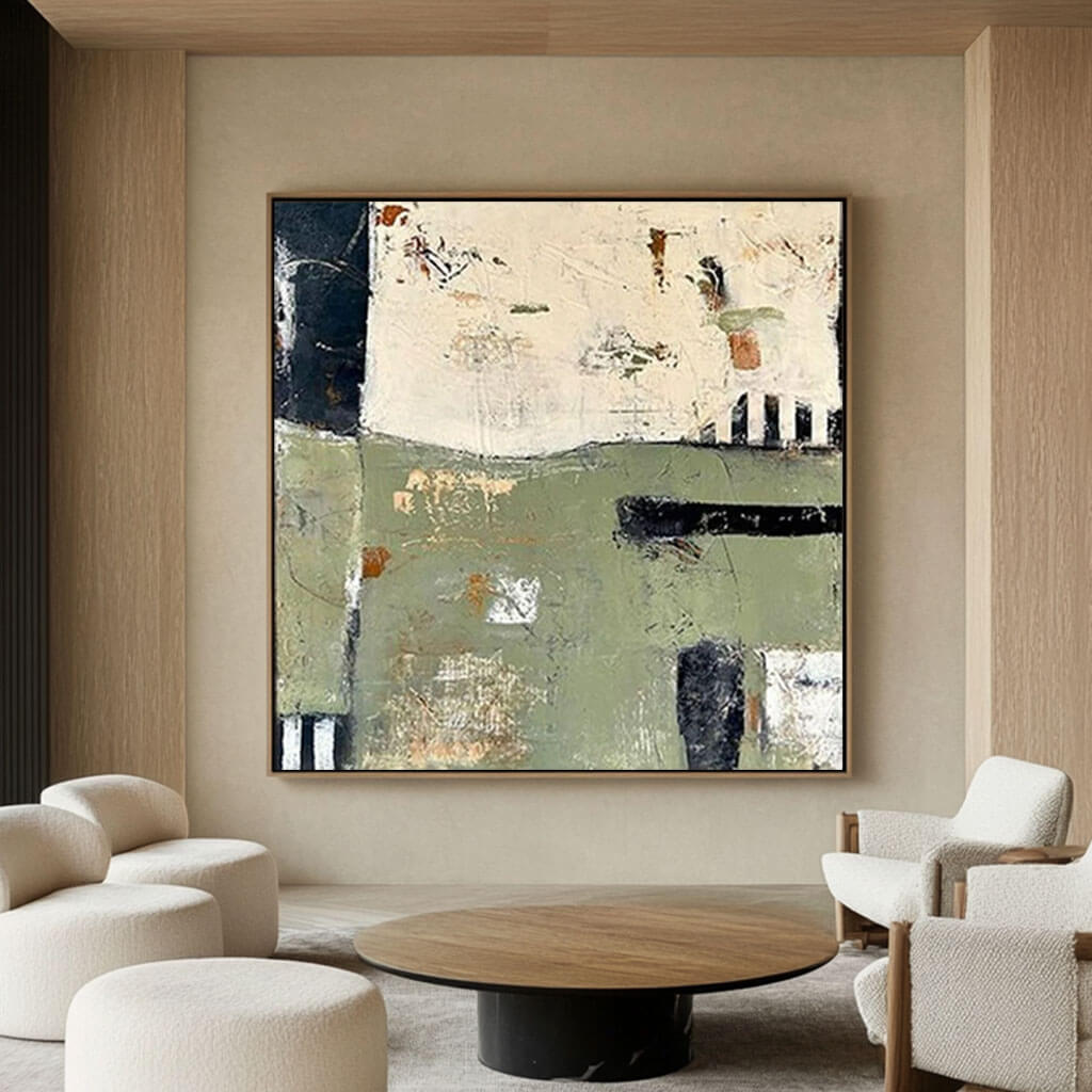 Contemporary Abstract Painting - Earthy Green and Neutral Tones - Choose to be Free - Hues Art Lab