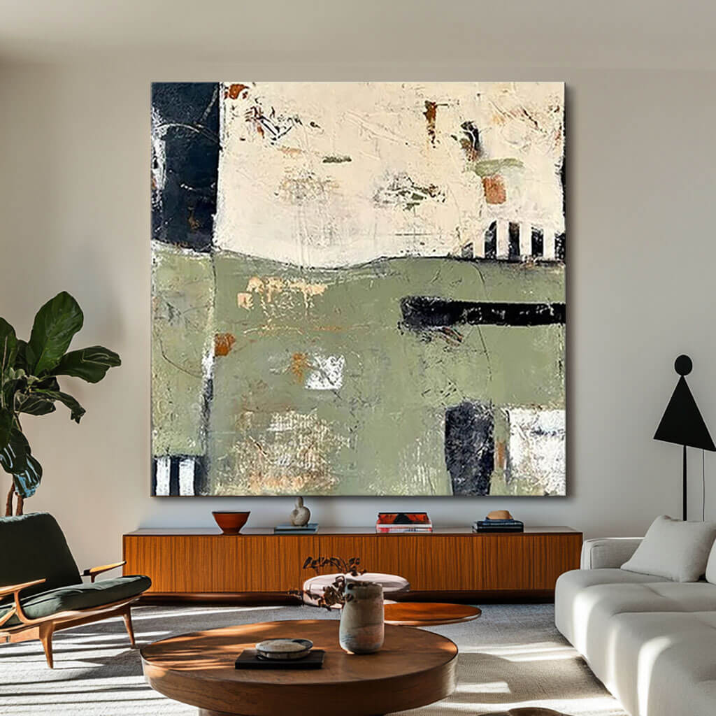 Contemporary Abstract Painting - Earthy Green and Neutral Tones - Choose to be Free - Hues Art Lab