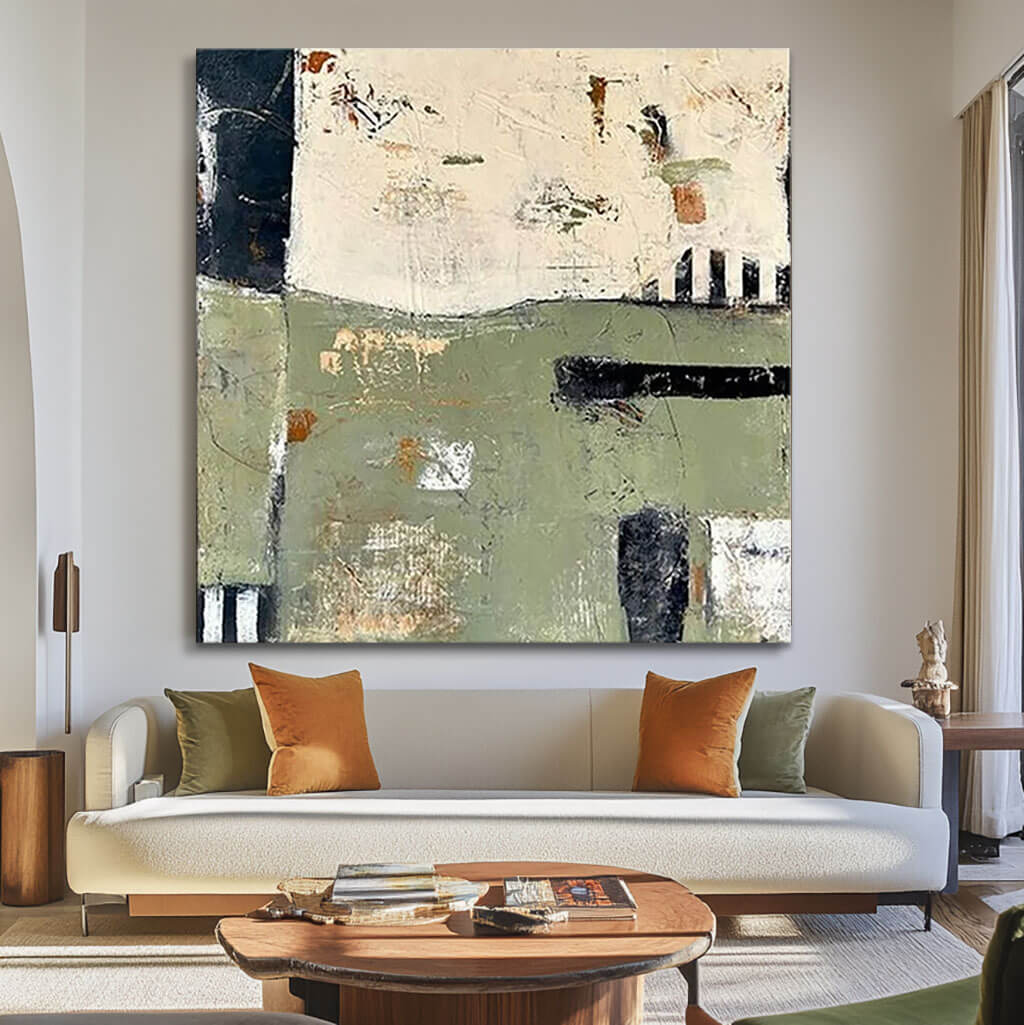 Contemporary Abstract Painting - Earthy Green and Neutral Tones - Choose to be Free - Hues Art Lab