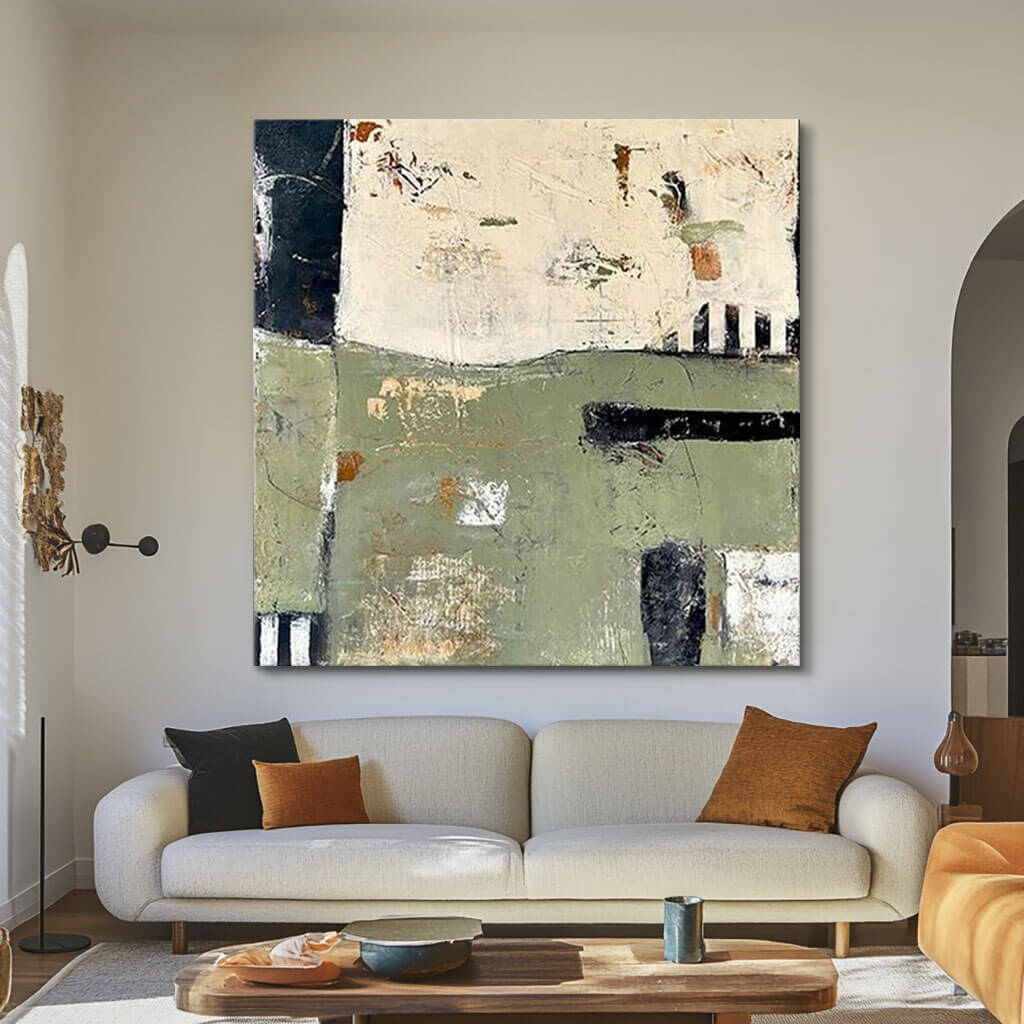 Contemporary Abstract Painting - Earthy Green and Neutral Tones - Choose to be Free - Hues Art Lab