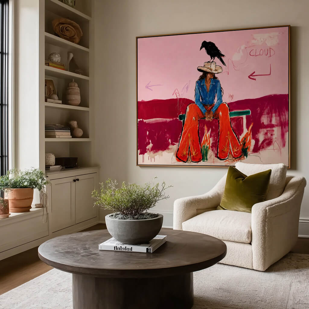 colorful Western cowgirl and crow wall art in pink blue and red in a coordinated modern interior