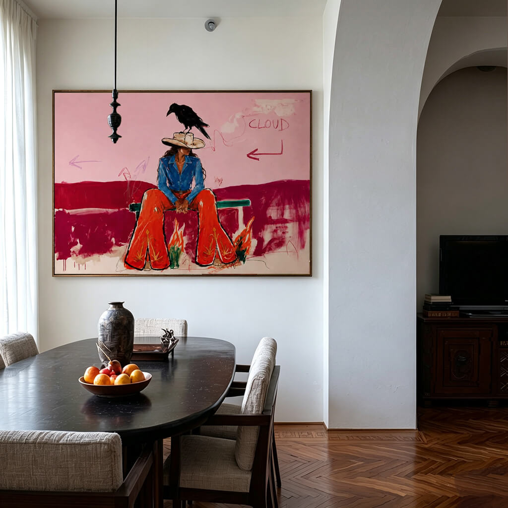 colorful Western cowgirl and crow wall art in pink blue and red in a coordinated modern interior