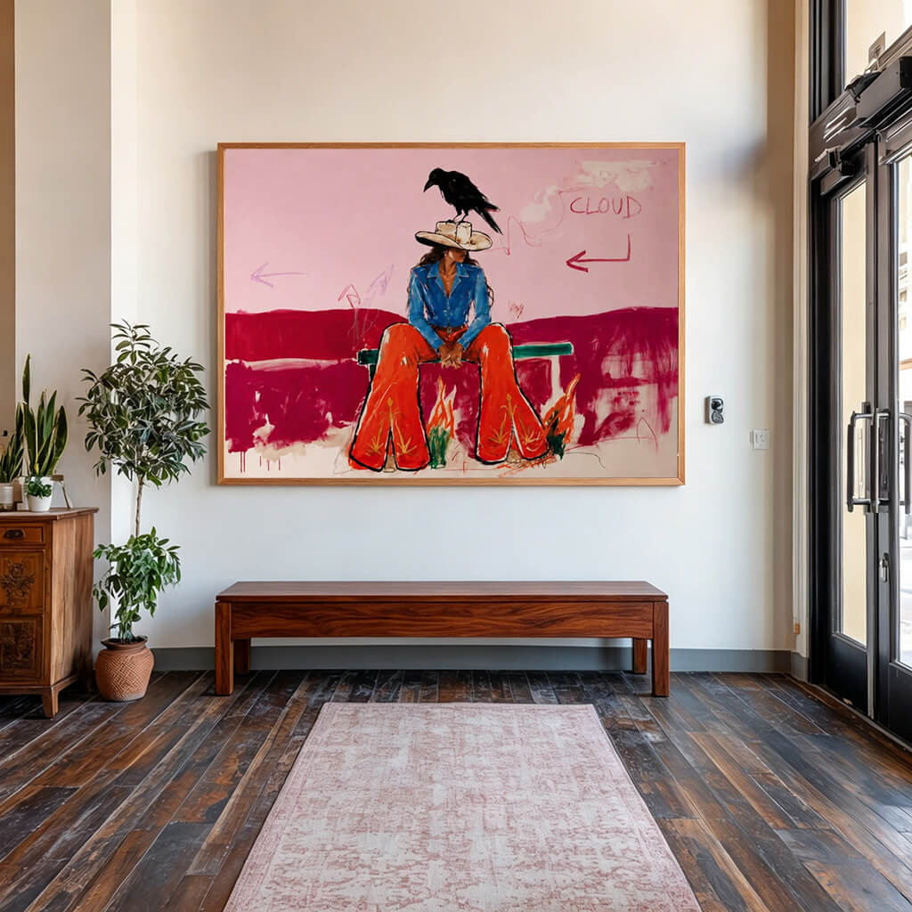 colorful Western cowgirl and crow wall art in pink blue and red in a coordinated modern interior