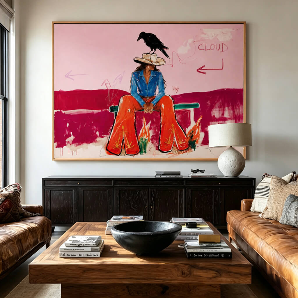 colorful Western cowgirl and crow wall art in pink blue and red displayed in a styled living room