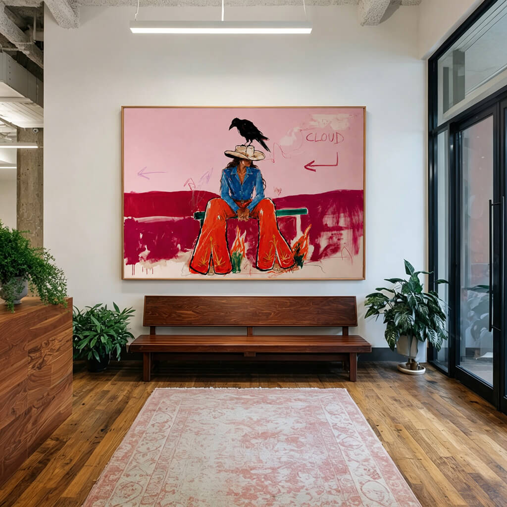 colorful Western cowgirl and crow wall art in pink blue and red in a coordinated modern interior