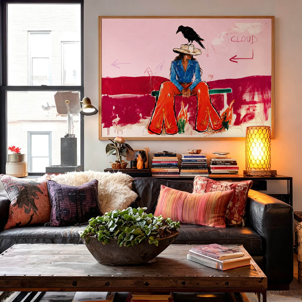colorful Western cowgirl and crow wall art in pink blue and red in a coordinated modern interior
