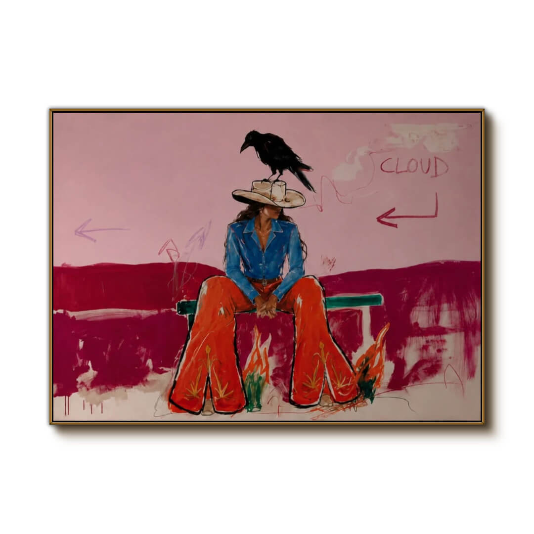 colorful Western cowgirl and crow wall art in pink blue and red on a clean white background
