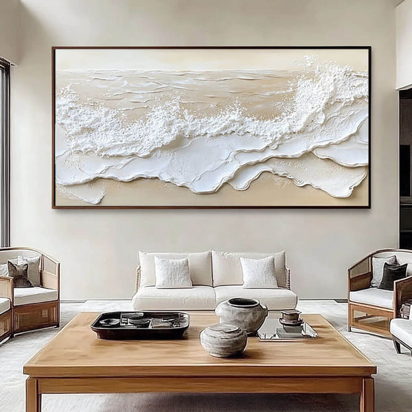 Abstract Seascape Beach Plaster Texture Oil Painting - Morden Large Wall Art in Beige and White - Coastal Wave - Hues Art Lab