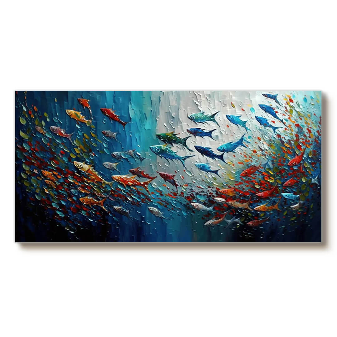 Vibrant School of Fish Textured Canvas - Modern Ocean Wall Art - Colorful Fish - Hues Art Lab