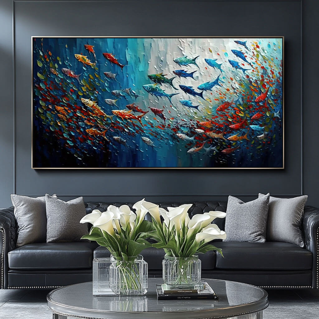 Vibrant School of Fish Textured Canvas - Modern Ocean Wall Art - Colorful Fish - Hues Art Lab