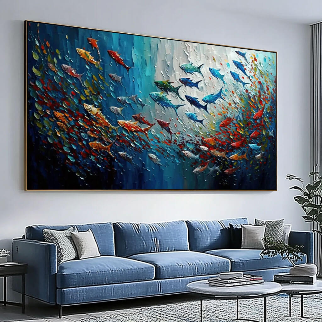 Vibrant School of Fish Textured Canvas - Modern Ocean Wall Art - Colorful Fish - Hues Art Lab