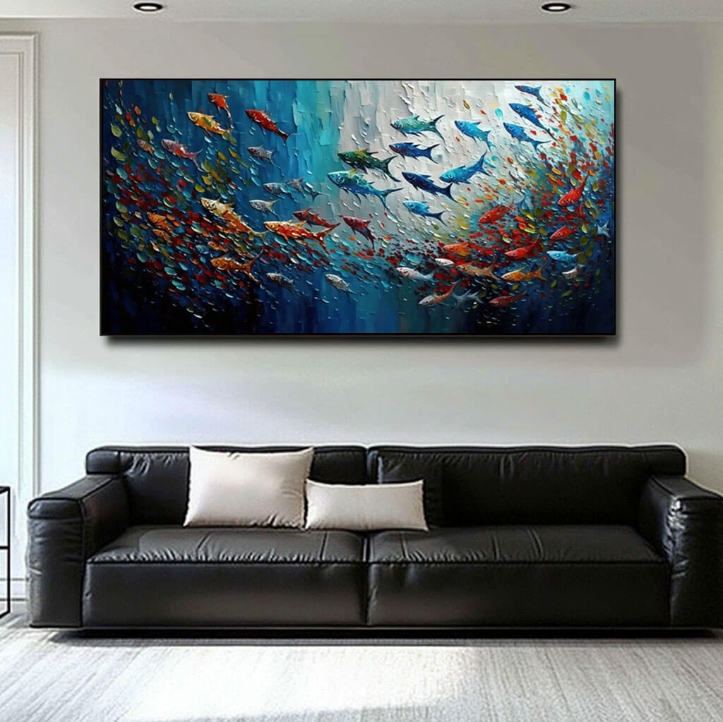 Vibrant School of Fish Textured Canvas - Modern Ocean Wall Art - Colorful Fish - Hues Art Lab