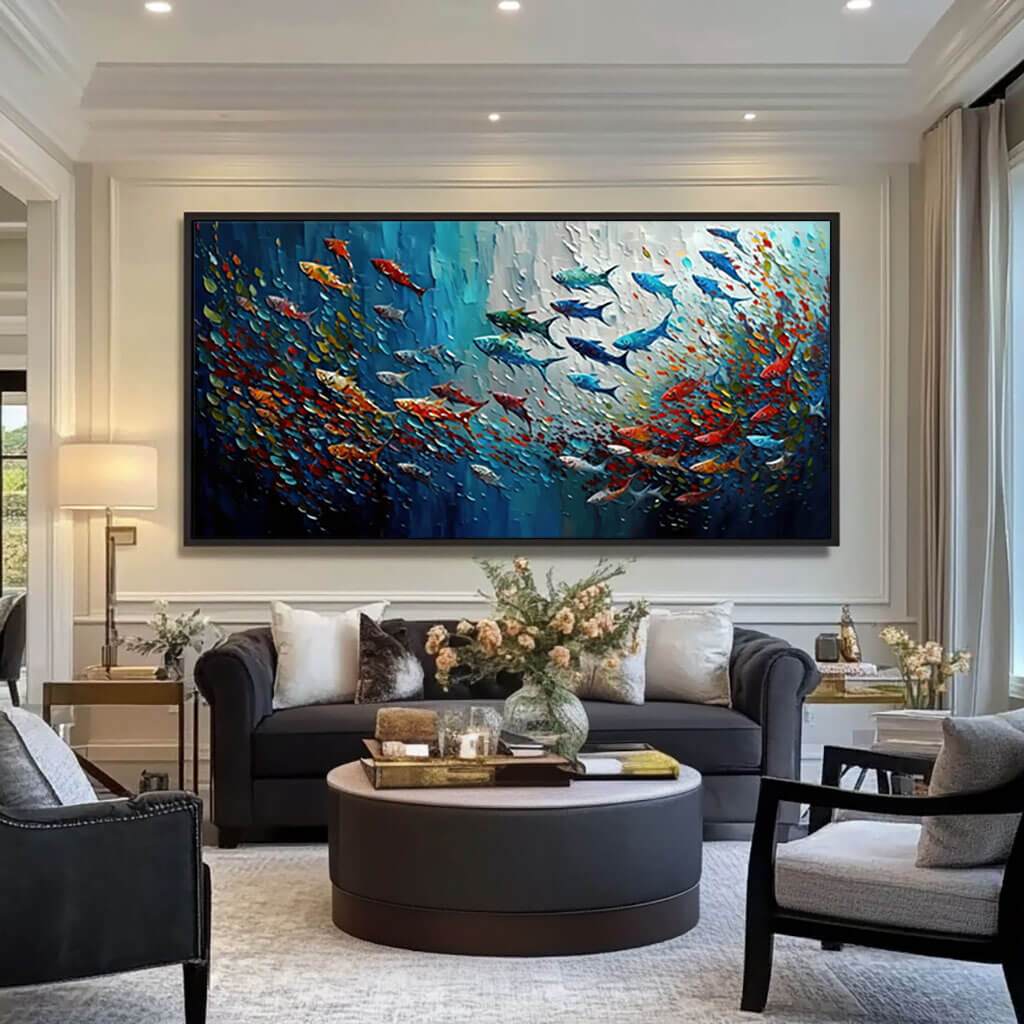 Vibrant School of Fish Textured Canvas - Modern Ocean Wall Art - Colorful Fish - Hues Art Lab