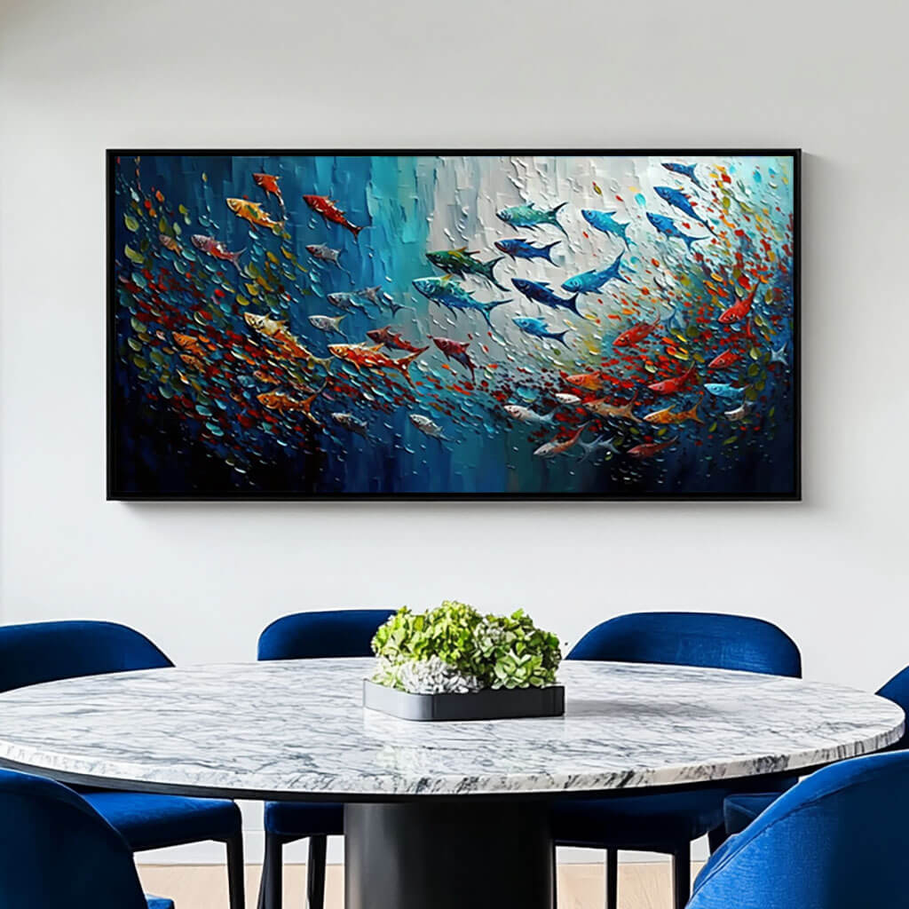 Vibrant School of Fish Textured Canvas - Modern Ocean Wall Art - Colorful Fish - Hues Art Lab