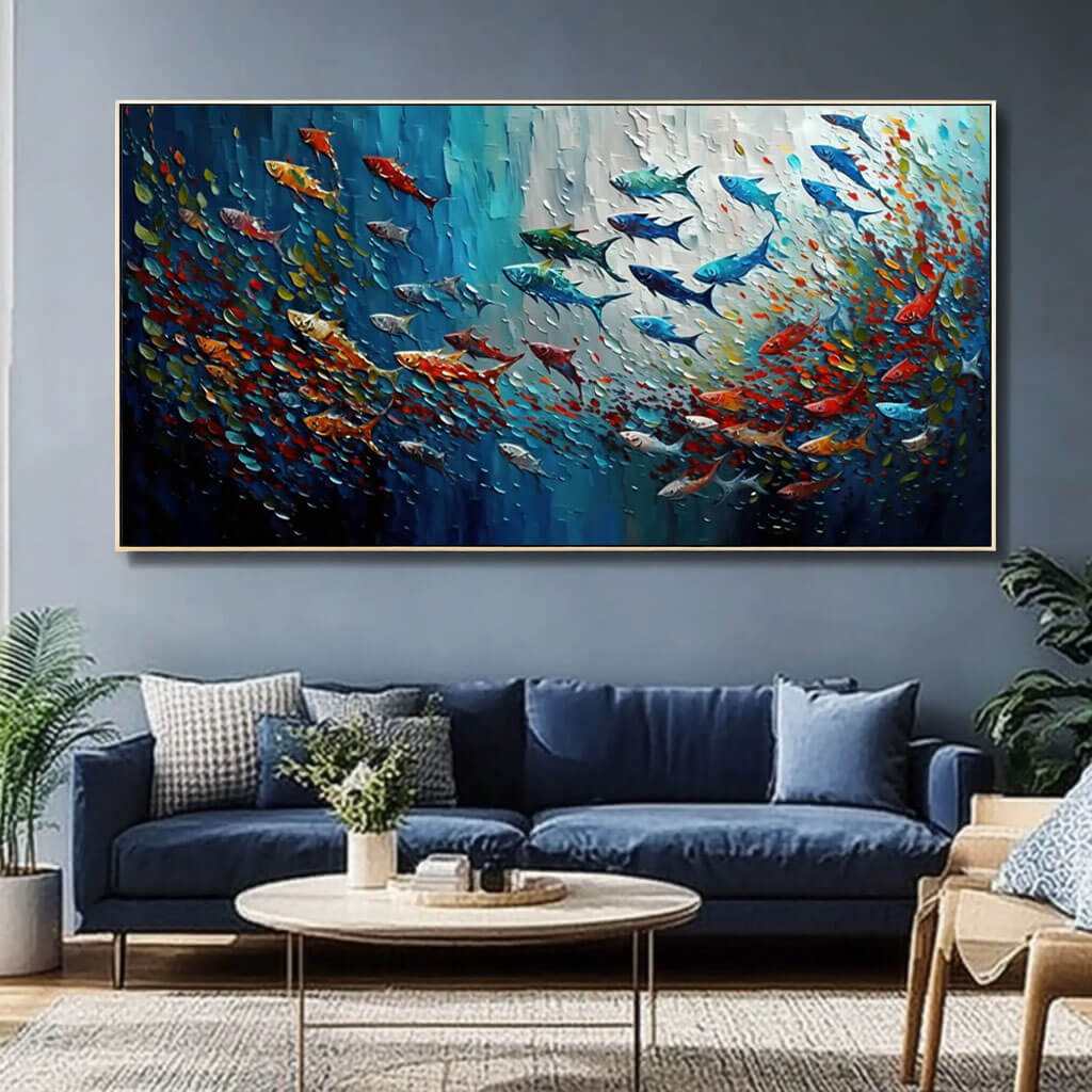 Vibrant School of Fish Textured Canvas - Modern Ocean Wall Art - Colorful Fish - Hues Art Lab