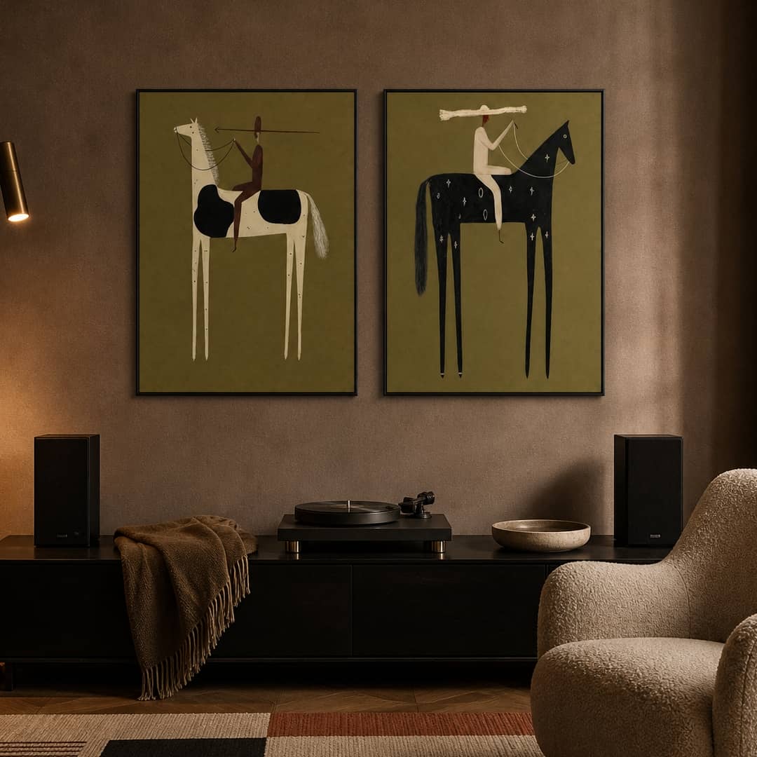 minimalist olive and cream horse rider wall art set of 2 in a coordinated modern interior