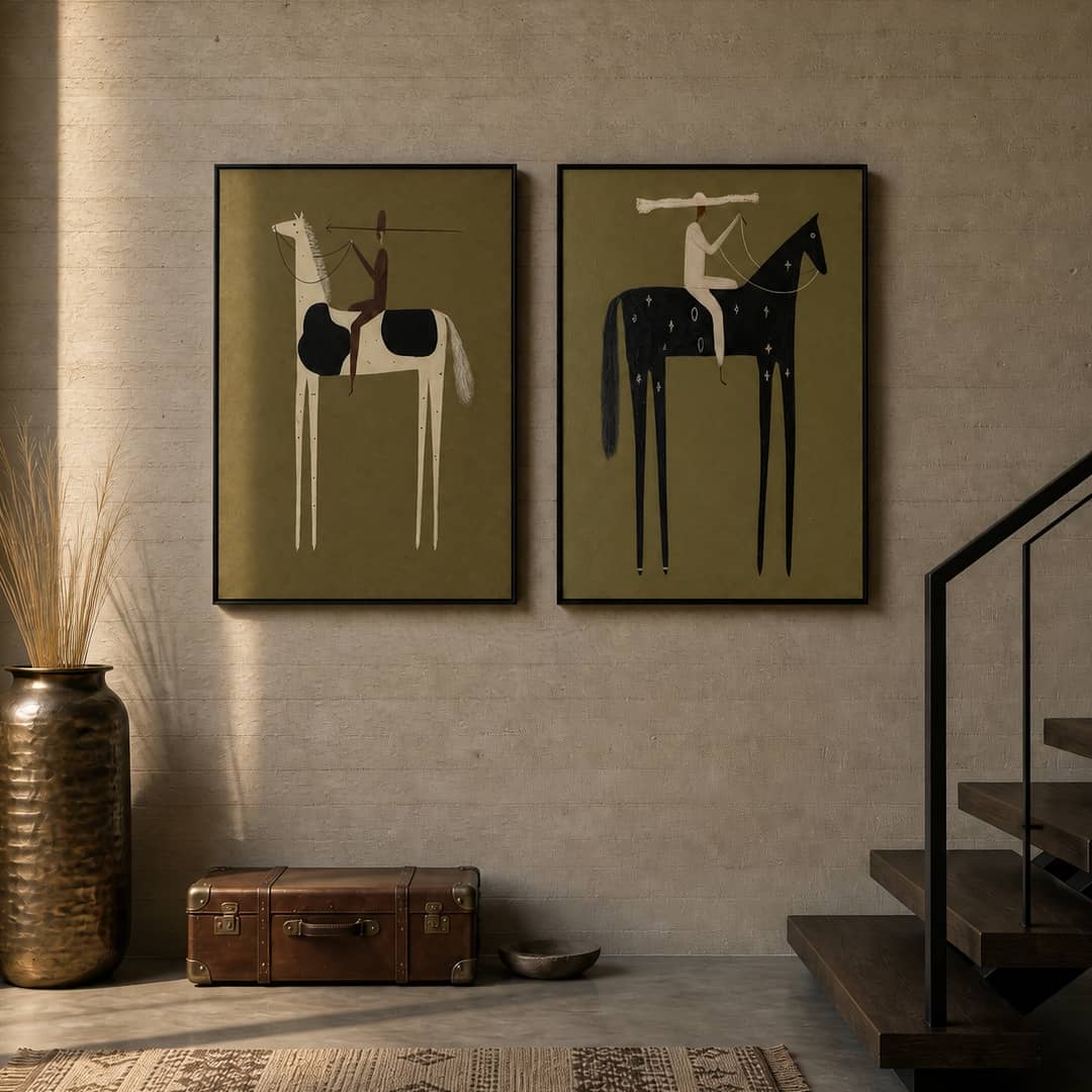 minimalist olive and cream horse rider wall art set of 2 in a coordinated modern interior