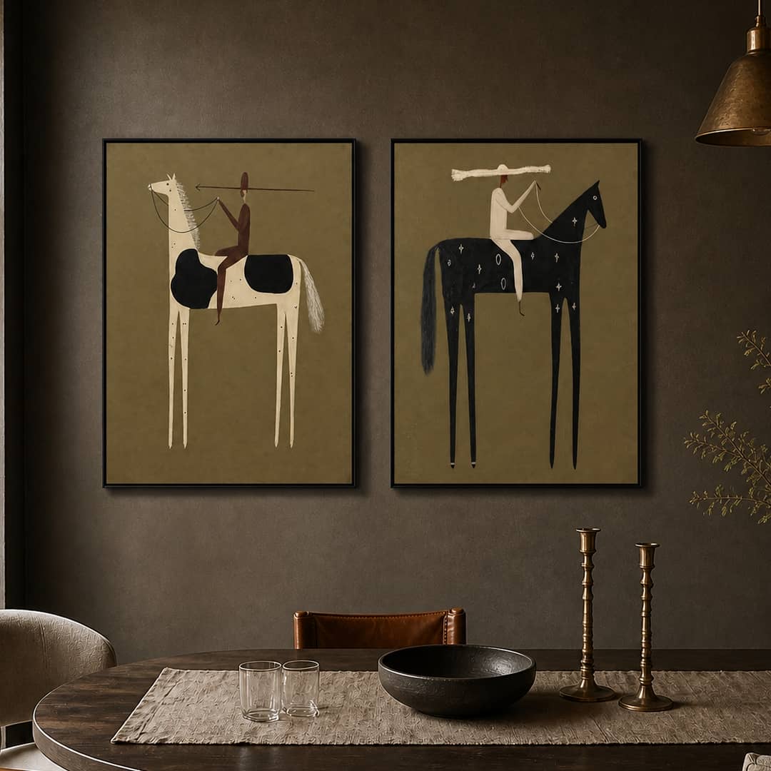 minimalist olive and cream horse rider wall art set of 2 in a coordinated modern interior