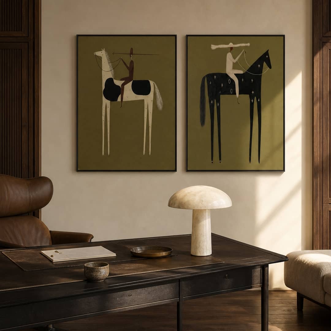 minimalist olive and cream horse rider wall art set of 2 displayed in a styled living room