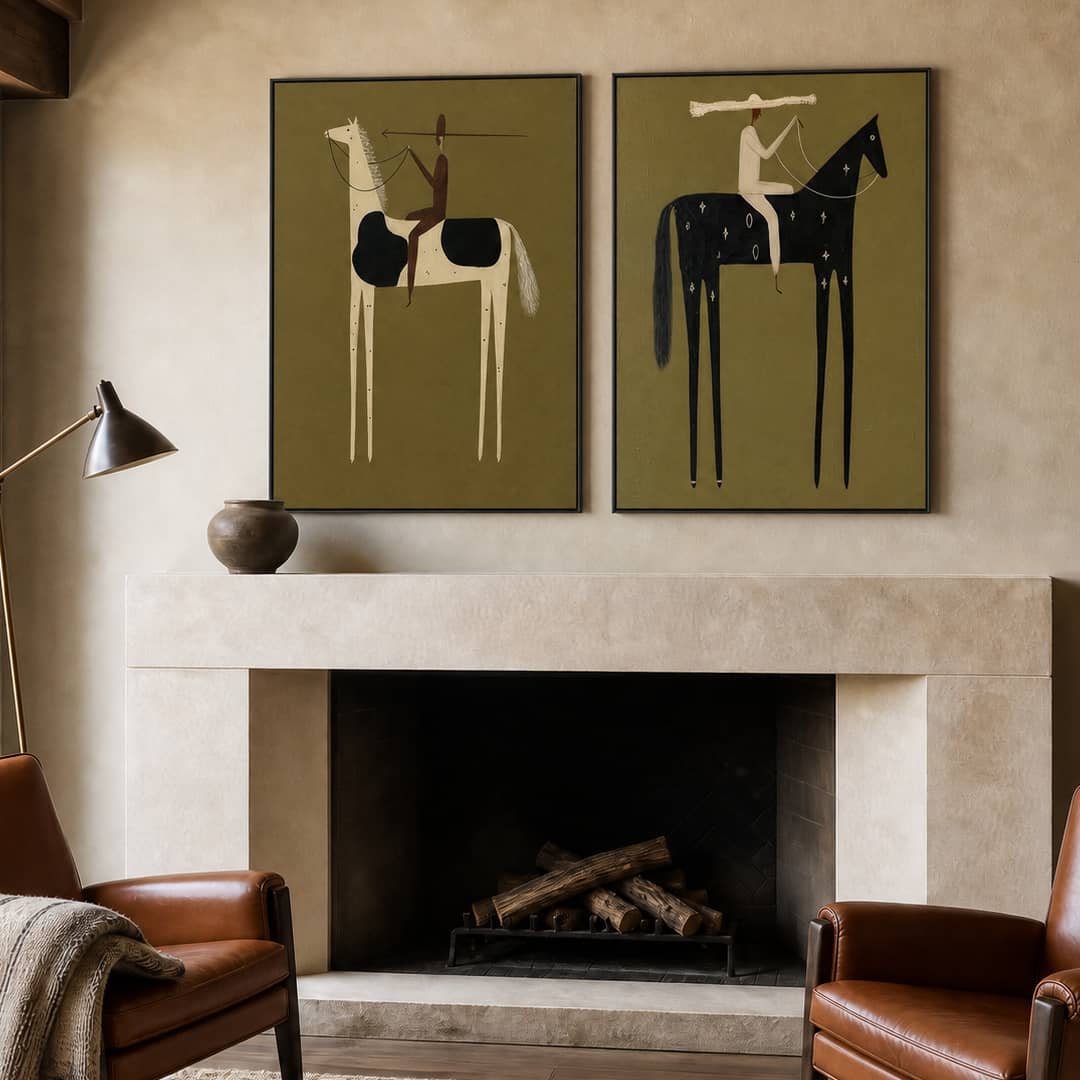 minimalist olive and cream horse rider wall art set of 2 in a coordinated modern interior