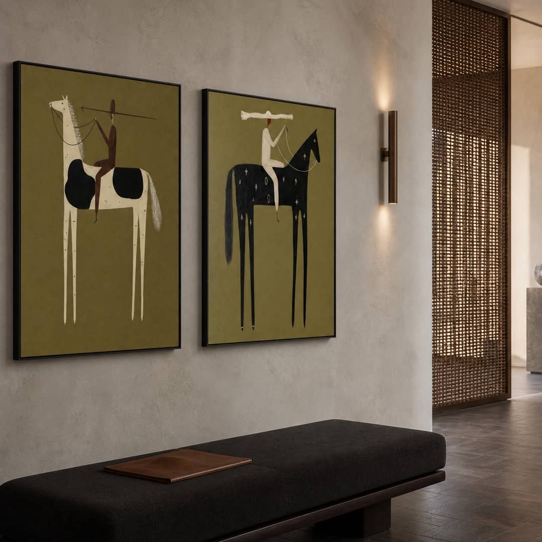 minimalist olive and cream horse rider wall art set of 2 in a coordinated modern interior
