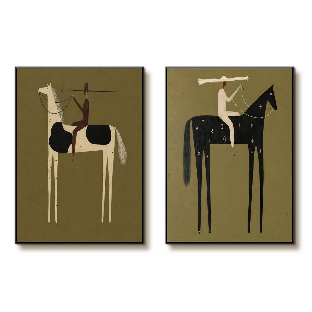 minimalist olive and cream horse rider wall art set of 2 on a clean white background